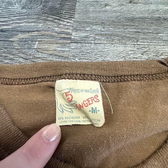 True Vintage 60s 70s Fruit of the Loom 5 Fingers Tan‎ Pink Mens M Ringer T-shirt - Picture 4 of 8